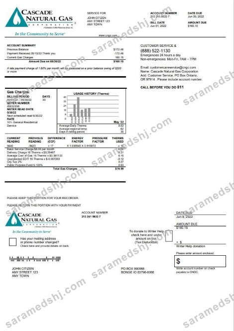 USA Cascade Natural Gas utility bill, Word and PDF template